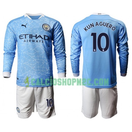 Manchester City Sergio Aguero 10 Bambino Maglia Prima 2020/2021 Manica Lunga (+ Pantaloncini)